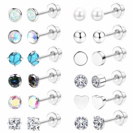 Jstyle 20G Push-in Threadless Flat Back Earrings for Women Mens Surgical Steel Stud Earrings for Sensitive Ears, 14K Gold Plated Pearl Opal Ball Heart CZ Cartilage Earring Silver Sets Hypoallergenic