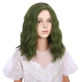 WAVELNM Kids Green Wig Matcha Green Curly Wavy Child Wig Girls Light Green Wig Short Bob Wig for Kids Side Part Wig Synthetic Wigs with Wig Cap