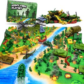 AuntyFey Army Men Playset with Plastic Army Men Action Figures, Military Toys with Mat, Toy Soldiers for Boys with Green Tanks, Army Toys for Boys Age 4-8-12