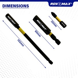 RDXMAX® 2 Piece Magnetic Drill Bit Holder- Premium High-Speed Alloy Steel 60mm and 152mm Professional Impact Bit Holders with 2 x 32mm PZ2 Screwdriver Impact Bits- Durable Magnetic Bit Holder