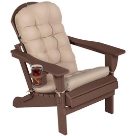 LOENIY Adirondack Chair with Cushion & Cup Holder, HDPE Folding Adirondack Chair with Wood-Like Grain Outdoor Fire Pit Chairs for Patio/Porch/Swimming Pool/Camping (Brown)