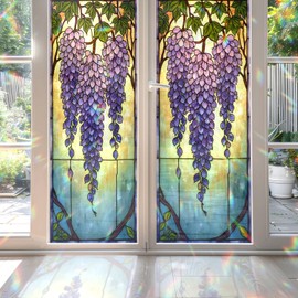 2PCS 17.7x39.4inch Wisteria Stained Glass Window Film, Wisteria Stained Glass Window Film for Bathroom Door Heat Anti UV N05
