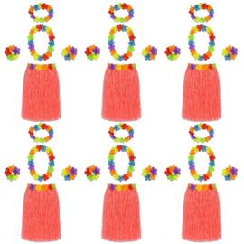 6 x Red 5-Piece Hula Skirt & Flower Leis Outfit Set – Adults Group Fancy Dress Costume with Hula Skirt, Lei Garland, Headband, Wristbands – Womens Beach, Hawaiian & Tropical Party Accessories Pack