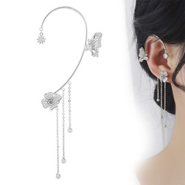 Excras Ear Cuff Earrings, Painless, Butterfly, Tassel, Swaying, No Flower Piercing, Single Ear, No Piercing, Ear Bone Clip, Ear Clip, Cosplay Accessory, For Women, Birthday, Anniversary, Wedding, School Entrance Ceremony, Party