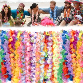 LPAOIS Pack of 60 Hawaii Flower Necklaces, Hawaii Flower Garlands, Hawaiian Chain Necklace, Hawaii Ruffled Flower Lei Luau Floral Leis for Dress, Tropical Theme Parties, 100 cm