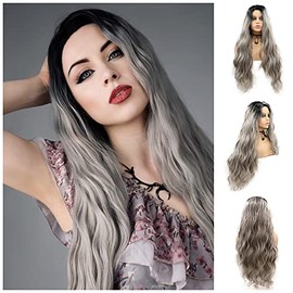 RainaHair Silver Grey Lace Front Wigs Curly Wave Wigs Grey Ombre Water Wave Synthetic Wig with Dark Root Middle Parting Heat Resistant Daily Wear Wig (Grey/Lace Front Wig/26 Inch)