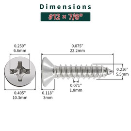 #12 x 7/8" Flat Head Wood Screws 50 Pcs 18-8 (304) Stainless Steel Flat Head Phillips Drive Self Tapping Screws, Bright Finish, No Coating, Fayeploo
