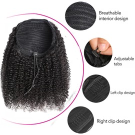 Kinky Curly Ponytail Extension Human Hair Ponytail Drawstring Ponytail Extension Wrap Drawstring Ponytail for Black Women Hairpiece Thick with Clip in Binding Pony Tail Natural Color