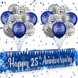 Blue Silver 25th Anniversary Decorations for Men Women, Blue Silver Happy 25th Anniversary Banner 18pcs Navy Blue 25th Anniversary Balloons for 25th Silver Wedding Anniversary Decoration Supplies