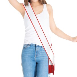 Party to Be Plain Sash with Tassels Blank Satin Sash for Adults 3.9" Wide x 74.8" in Total Length (White with red border)