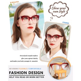 MARE AZZURO Oversized Reading Glasses 3.50 Women Fashion Round Readers 100 125 150 175 200 225 250 275 300 350 400 500 600 (Red+clear, 3.5)