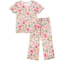 Ekouaer Women's Pajamas Set Short Sleeve Sleepwear 6 Piece Round Neck Top Capri Pants Loungewear with Pockets White/Pink Flower XXL