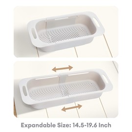 Extendable Over the Sink Colander Strainer Basket, Collapsible Strainer Drainer Basket for Kitchen, Wash Vegetables and Fruits, Drain Cooked Pasta and Dry Dishes, Expandable L14.5-19.6 Inch (Gray)