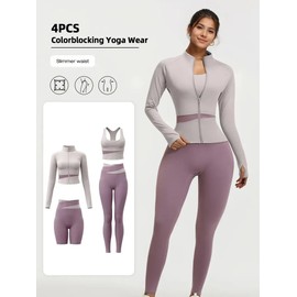 ZiaWorld 4pcs Women'S Yoga Wear Workout Set with Zipper Long Sleeve Jacket Fitness Yoga Leggings Sports Bra for Running Fitness Seamless Tracksuit (Purple, L)