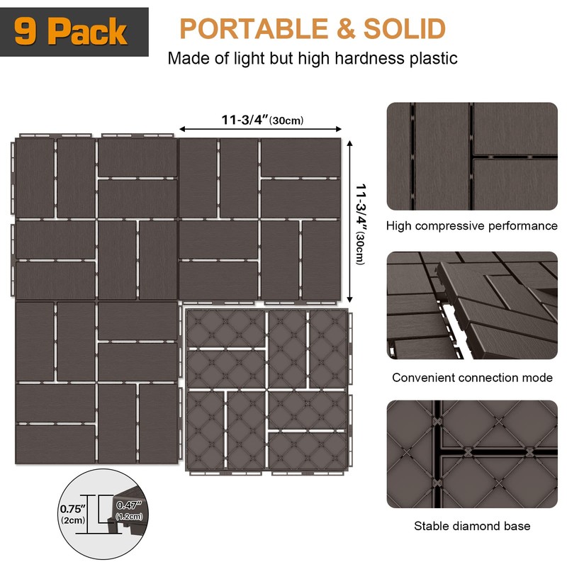 Goovilla Plastic Interlocking Deck Tiles, 9 Pack Outdoor Patio Flooring,