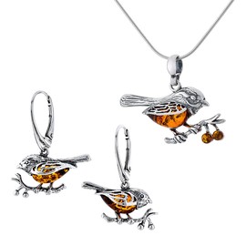 AMBEDORA Women's Jewellery Set Amber Sparrows, Oxidised Sterling Silver, Baltic Amber in Cognac Colour, Silver Pendant on Chain and Earrings