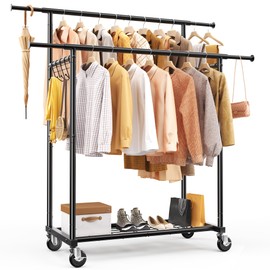 HOKEEPER Clothes Rack Heavy Duty Clothing Rack 450LBS Garment Rack with Wheels Double Rod Clothes Rack for Hanging Clothes Portable Closet Rack with Shelves, Black