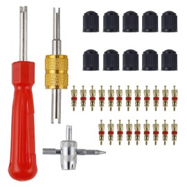 33 Pcs Car Tyre Valve Removal Tool Set, Tyre Valve Repair Kit, Dual & Single Head Valve Core Remover, 4-Way Valve Tool, 10 Pcs Tire Valve Caps, 20Pcs Valve Cores, Fit for Car Bicycle Auto