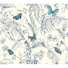 York Wallcoverings Ashford Toiles Papillon Removable Wallpaper, Blue/White
