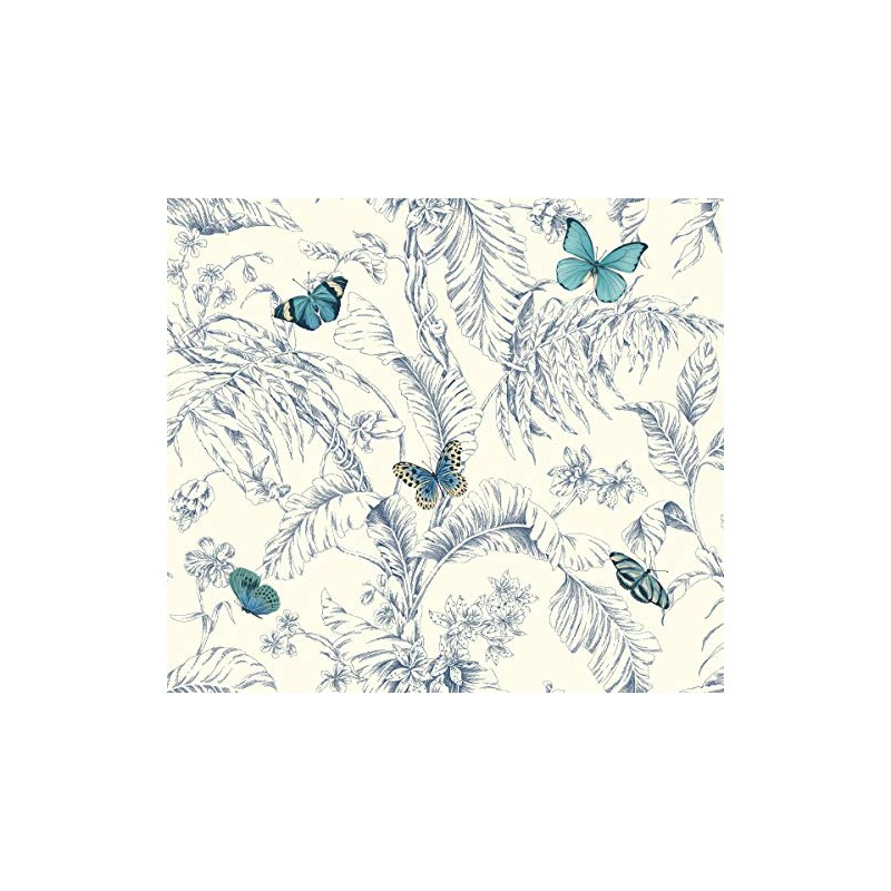 York Wallcoverings Ashford Toiles Papillon Removable Wallpaper, Blue/White