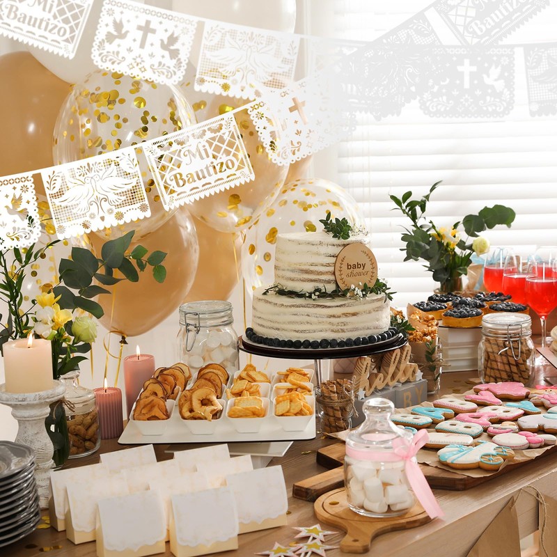 Frienda 6 Pcs Mi Bautizo Papel Picado Banner Baptism,White