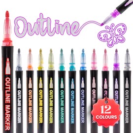 JUSTDOODLE 12 x Metallic Outline Marker Pens, Coloured Glitter Pens with Double Line Feature, Ideal Gifts for Girls, Art Supplies, Scrapbook & Stocking Filler for Kids, 12 Multicolour Pens