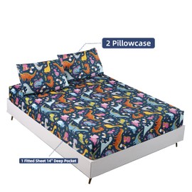 MAG 3 Pcs Dinosaur Sheets Twin Size Colorful Cute Sheet Set,Super Soft Microfiber for Kids Boys Girls and Teens,Dinosaur Bedding Twin with 1 Fitted Sheet 14'' Deep Pocket and 2 Pillowcase.