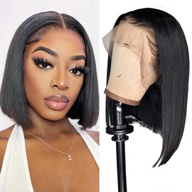 Short Bob Wig Human Hair 180% Density Straight Bob Frontal Wigs 13X4 Lace Frontal Bob Wig Human Hair Glueless Pre Plucked with Baby Hair Natural Black 8 inch