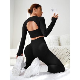 SweatyRocks Women's 2 Piece Sports Outfit Solid Cut Out Back Long Sleeve Crop Top and Leggings Set Activewear Black M