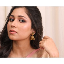 Tarinika Antique Gold Plated Utash Jhumkas with Temple Design - Indian Earrings for Women | Perfect for Ethnic Occasions | Traditional South Indian Jewelry | 1 Year Warranty* (Green)