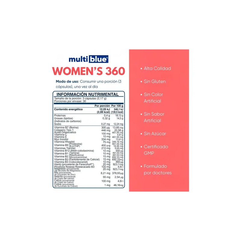 Multiblue Womens 360 Colágeno Biotina Vitaminas Mujer 90cap Sin Sabor