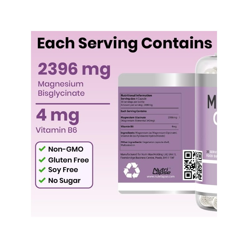 Nutrilapse™ Magnesium Glycinate (Bisglycinate) with Vitamin B6, High Bioavailability Granular