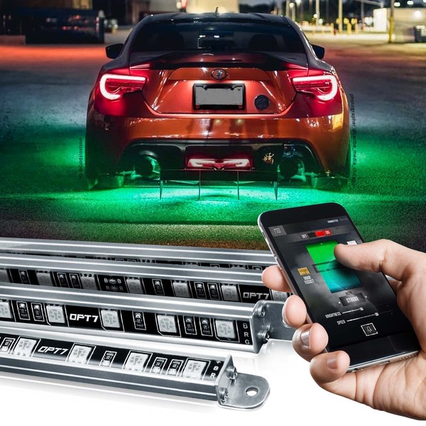 OPT7 Aura Pro Aluminum Underglow for Car Truck RV, Bluetooth APP Exterior Underbody Lighting Kit, Multi-Color n Mode, Waterproof, Soundsync, Door Assist, iOS/Android Enable, Universal Fit, 4pc LED Bar