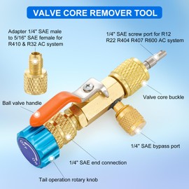 Valve Core Remover Installer Tool and HVAC Service Set, 3-Way Freezer HVAC Remover Tool with Dual Size SAE 1/4 & 5/16 Ports, HVAC Core Removal Tool for R410 R404A R407C R32 Systems
