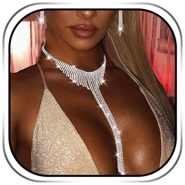 Urieo Silver Wedding Prom Jewelry Sets Crystal Choker Necklace Earrings Sets Rhinestone Tassel Necklaces for Brides Women