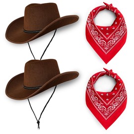 Cowboy Hats Pack of 2 Unisex Felt Western (2x Brown Hat & 2x Red Bandanas) Texas Texan Costume Accessories for Men, Women, Adults Wild West Fancy Dress Party