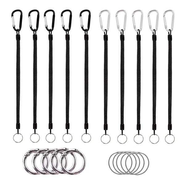 10 Pcs Spiral Elastic Keyring,Retractable Fishing Ropes,Spring Coil Keyring,Fishing Lanyard with Spring Buckle,Steel Wire Ring
