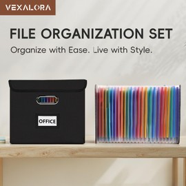 Vexalora File Organizer Box with Folder, 25 Pockets Accordion File Organizer with Colored Labels, Upgraded & Portable File Folders for Home, Office, School, Black