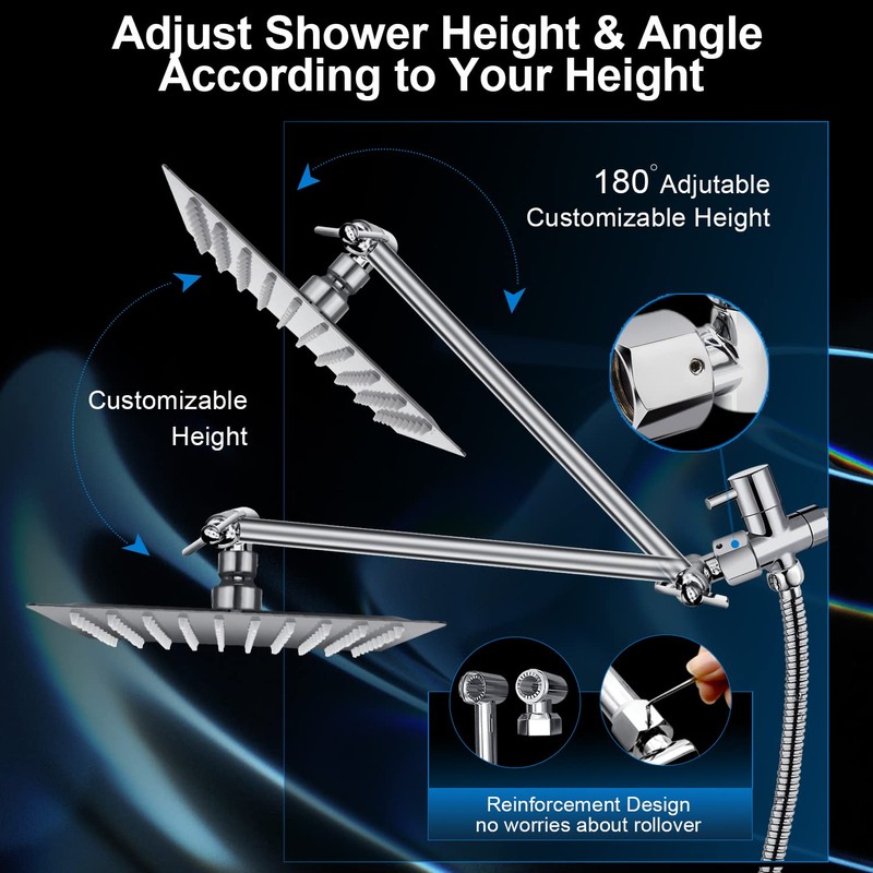 PinWin Modern 12" Large Square Rain Showerhead with 5 Modes