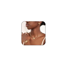 XSDSLS Bow Jewellery Set for Women Gold Bow Necklace Stud Earrings Bracelet Bow Earrings Choker Chain Butterfly Bracelets Jewellery Set for Women Girls, Alloy Steel, No Gemstone