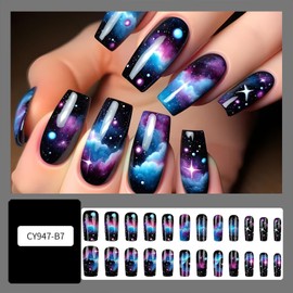 Colorful Starry Sky Clouds False Nails Long Square Press on Nails Glossy Gradient Acrylic Fake Nails Artificial Glue on Nails for Women Girls