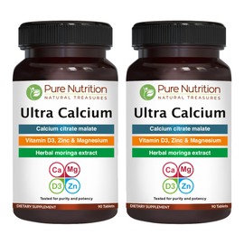 Pure Nutrition Ultra Calcium 1000mg with VIT D3 + K2 | 180 Tabs (90 X Pack of 2) | Highly absorbable Calcium Supplement with Calcium Citrate Malate, VIT D3, K2, Moringa Oleifera, Magnesium and Zinc.