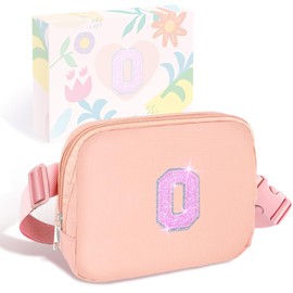 COSHAYSOO Pink Belt Bag Small Waist Fanny Pack Crossbody Purse with Initial Letter Patch for Teen Girl Women, Nylon Cross Body Travel Chest Pouch Trendy Gift Stuff (O)
