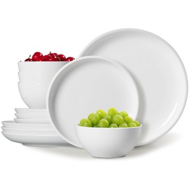 ONEMORE Porcelain Dinnerware Sets for 4, White Dishes Set, Plates and Bowls Set 12pcs, Scratch Resistant, Ceramic Dinner Plate Set for Dessert Salad Pasta- Microwave & Dishwasher Safe