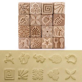 Sumnacon Pottery Clay Tools Stamp Mold, Wooden Pottery Supplies, Clay Stamp Tool, Hand Roller, Different Patterns (Set of 16)