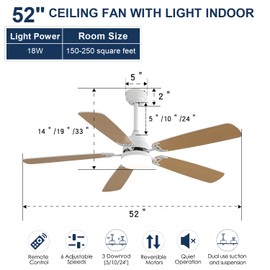 Heemab Enhance Comfort with 52-Inch Ceiling Fan with Light, Remote Control and Silent Reversible Motor, Modern Design, White