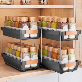 Delamu 2 Pack Pull Out Spice Rack Organizer for Cabinet, 2 Tier Slide Out Spice Organization, Vertical Spice Organizer, Cabinet Size Need:12.5'' High x 11'' Deep x 5.5'' Wide(Not for Cabinet with Lip)