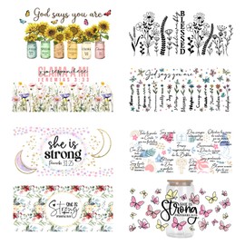 UV DTF Glass Cup Wrap Transfer-8 Sheets Bible Verse UV DTF Stickers for 16oz Glass, Flower,Inspirational Quotes, Christian Gifts,Rub On Transfers for Crafts and Furniture, DIY Gift