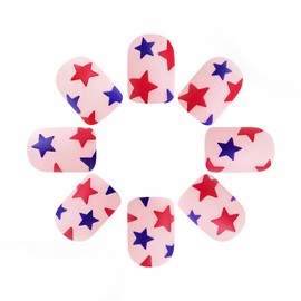 MISUD 4th of July Press on Nails Short Square Fake Nails Matte Glue on Nails Red Blue Star Acrylic Nails Squoval Artificial Nails Flag Day False Nails with Design 24 pcs
