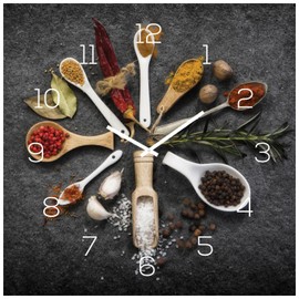 levandeo Wall Clock Glass 30 x 30 cm Glass Picture Spices Kitchen Herbs Wall Decoration Glass Clock Kitchen Clock